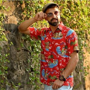 Alvish red Hawaiian surfing Santa short sleeve button up shirt size 2XL